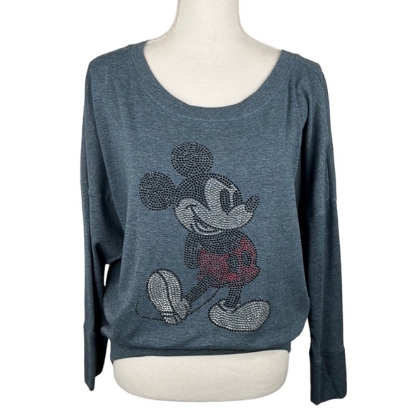 Disney Parks Gray Blue Oversized Beaded Mickey Mouse Long Sleeve Top Size Small - Picture 1 of 8